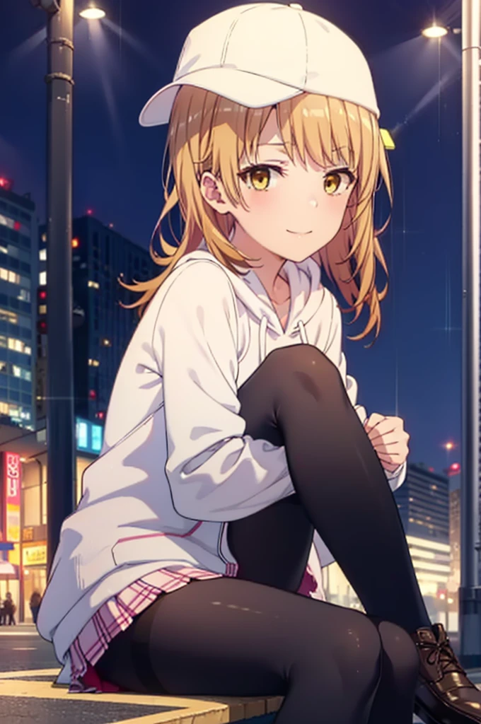 Irohaisshiki, isshiki iroha, Long Hair, Brown Hair, (Brown eyes:1.5), happy smile, smile, Close your mouth,blush,rain,night,Baseball hats,Pink oversized hoodie,mini skirt,Black pantyhose,short boots,Sitting on a bus stop bench、,Hidden in a covered building bus stop,whole bodyがイラストに入るように,
break outdoors, バス停
break looking at viewer,whole body,
break (masterpiece:1.2), Highest quality, High resolution, unity 8k wallpaper, (figure:0.8), (Beautiful attention to detail:1.6), Highly detailed face, Perfect lighting, Highly detailed CG, (Perfect hands, Perfect Anatomy),