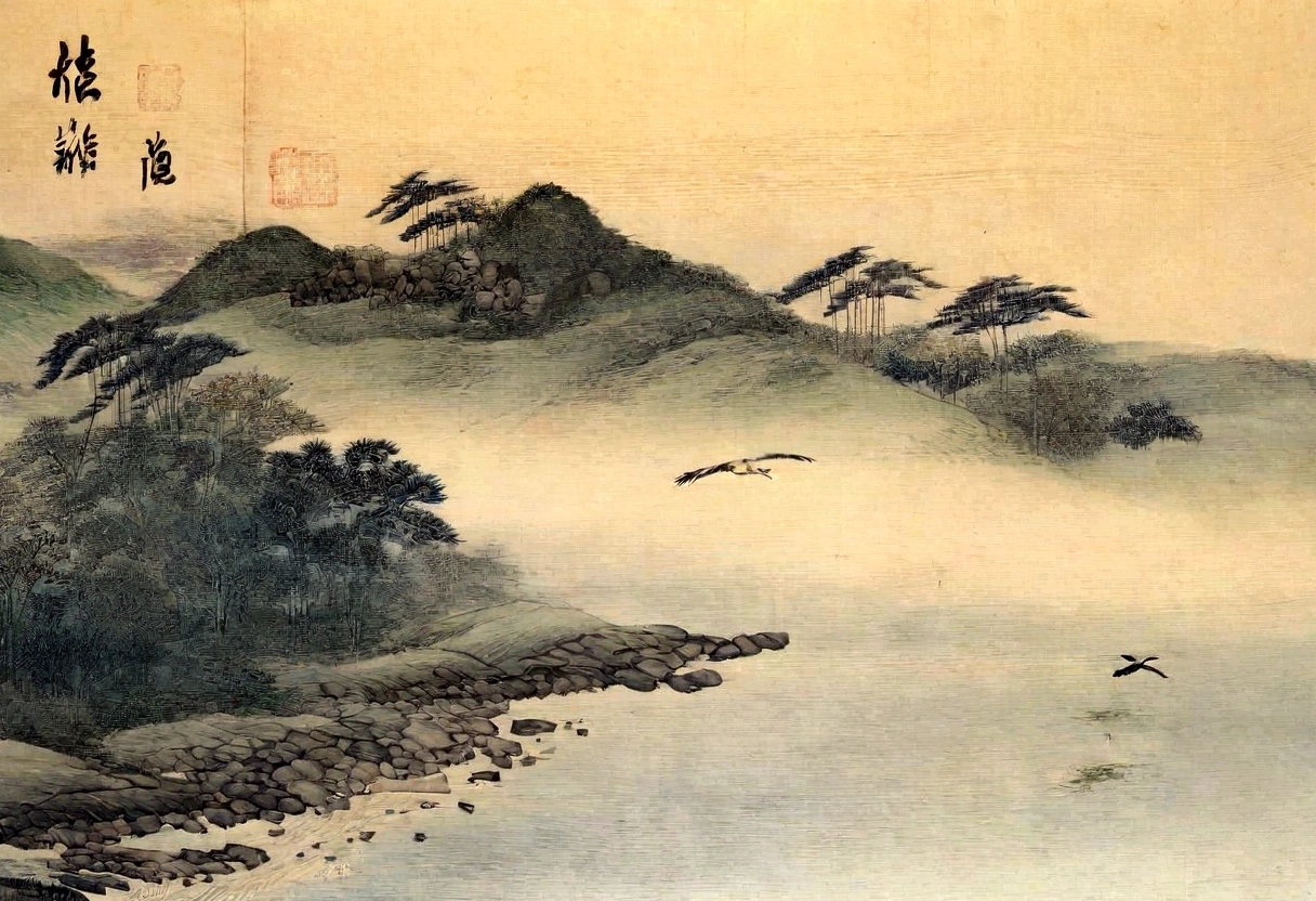 Highest quality, masterpiece, High resolution, kim hong do, Whity, shelf, Create breathtaking natural landscapes with vivid detail, Vibrant colors, and a sense of tranquility. Painting a gentle scene of rolling hills、Let your imagination run wild, Lush forest, A sparkling river flowing through the valley, And a majestic mountain peak in the distance. Capturing the beauty of natural elements, wood々sunlight passing through the space, etc., gentle ripples on the water surface, And the bird soars gracefully across the sky. Immerse your viewers in this idyllic setting, evoke a sense of peace, sense of awe, and connection with the natural world.