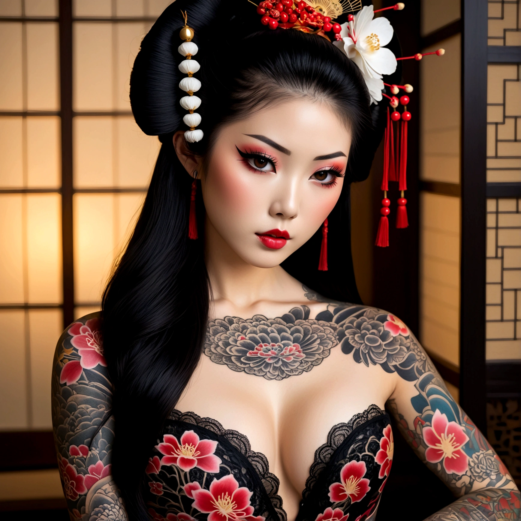 Create a hyper detailed photograph of a geisha tattooed young sexy Geisha , Stunningly perfect gorgeous face, perfect makeup, detailed vibrant eyes, long hair, perfect body, detailed smooth skin, breast, japanese ass, black lace lingerie,
