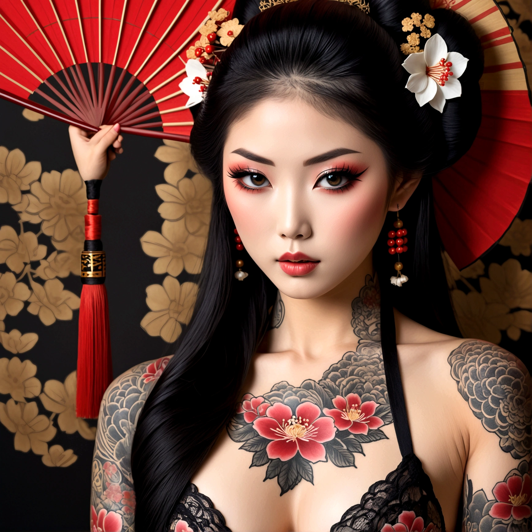 Create a beautiful geisha, a work of art, perfectly clear and expressive face, well-defined makeup, long black hair tied on top of the head, red flower in the hair detailed details, lock of hair on the face, (((a slender and beautiful, slightly tanned with tattoos on arms and legs in colorful designs))), red floral strappy dress on black satin falling over the legs, ((vibrant cyber neon environments, lantern lights, intricate typical Chinese neon designs on the ceiling and walls inside a typical Chinese restaurant)) UHD, 8k.