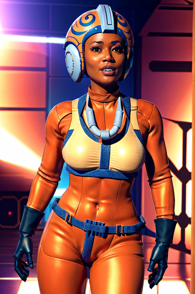 twilek in rebel pilot suit,orange skin,futuristic corridor,tech,space base
