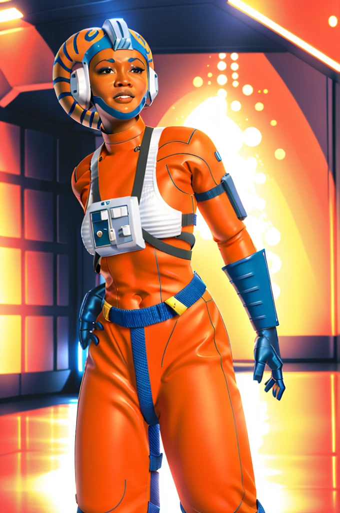 twilek in rebel pilot suit,orange skin,futuristic corridor,tech,space base
