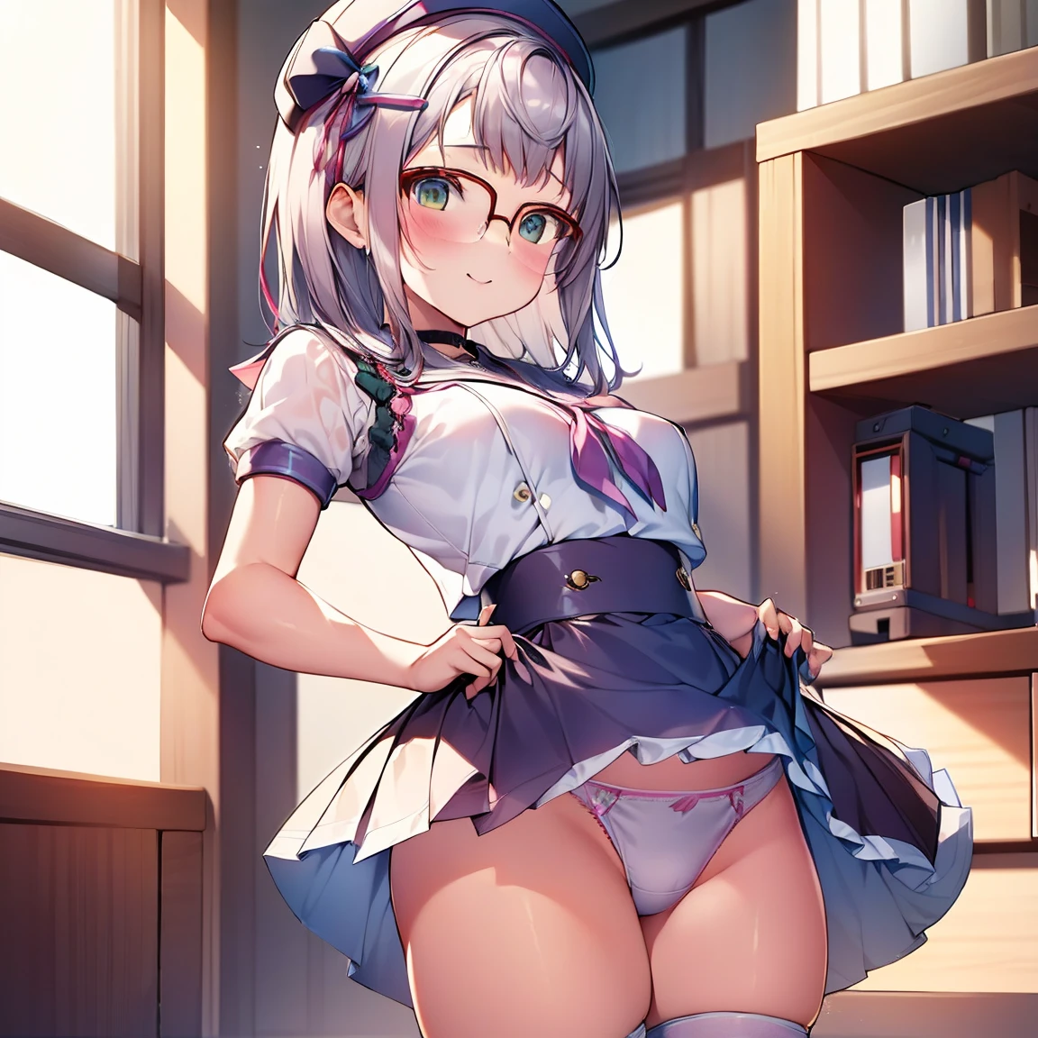 8K、masterpiece、Japanese、Woman wearing glasses、Neon(nod)、from the front、smile、Childish、Small breasts、See-through underwear、night、Bedroom、Show your underwear、mini skirt