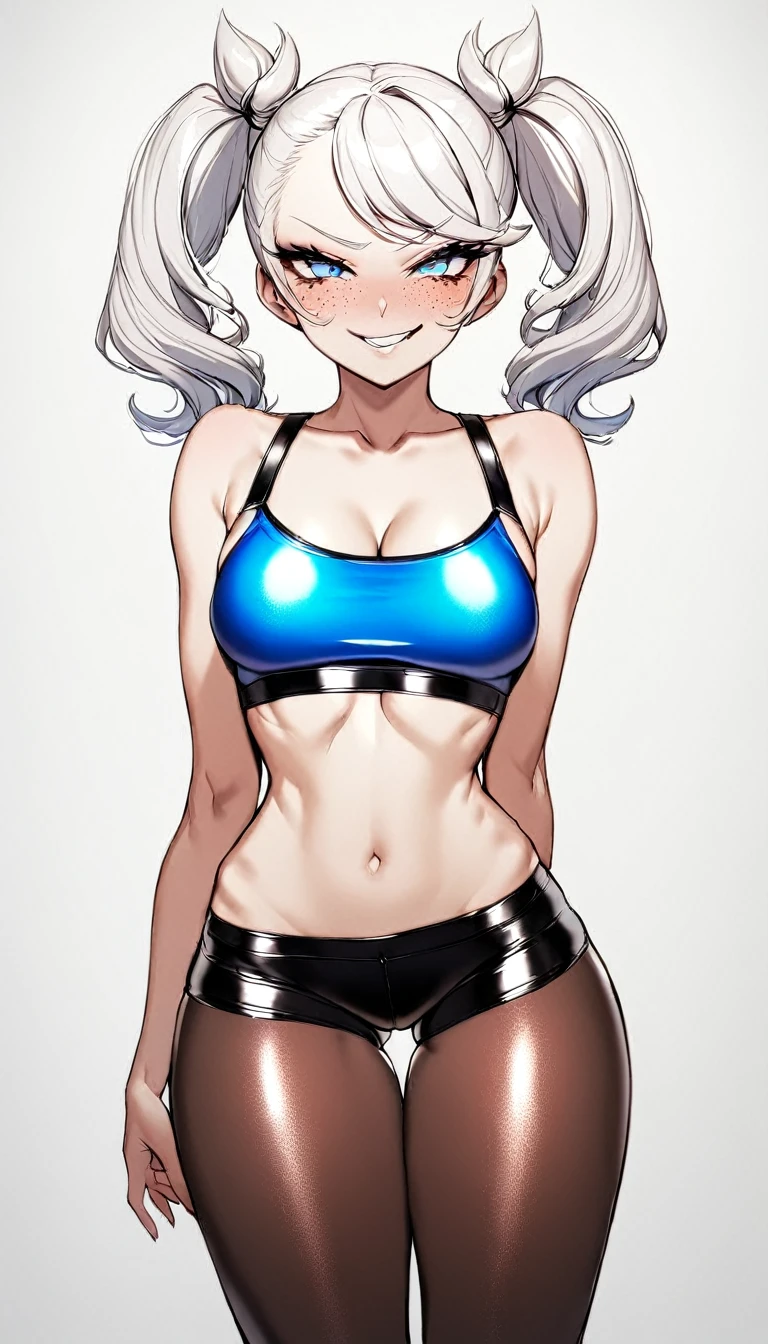 1 Girl, Nylon Crop Top, Nylon Leggings, Medium Breasts, Booty Shorts, Blue Eyes, Platinum White Hair, Twin Tail Hair Style, Pale White Skin, Smooth Skin, Face Freckles, Leather Straps on Thighs, Nice Cleavage, Slutty, Sexy, Sassy, Smirking, Tease, Teasing,