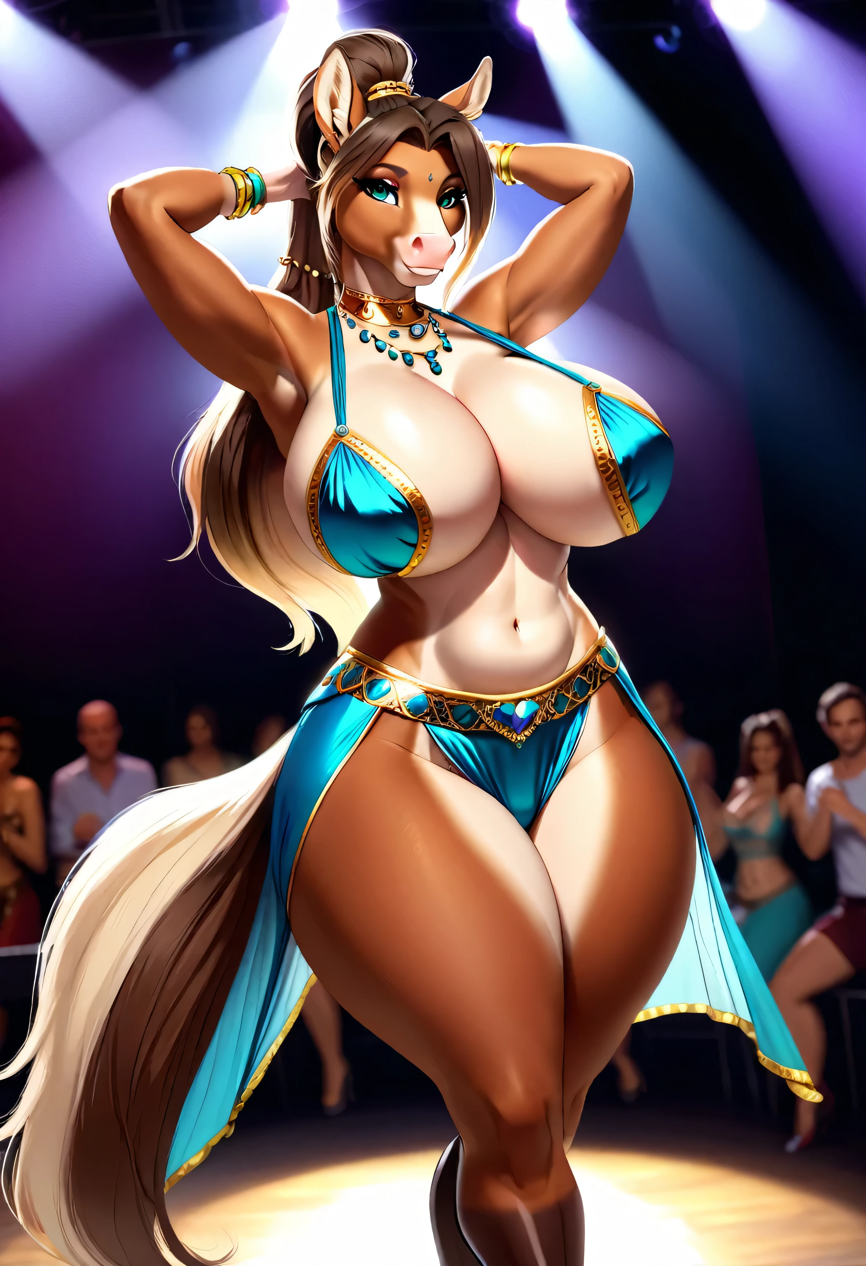 4k, highly detailed, realistic, extremely high quality drawing, masterpiece, cutesexyrobutts style, uploaded on e621, female anthro furry horse, bimbo milf, dancing on stage, wearing a sexy belly dancer's outfit, with high heels, (beautiful and detailed eyes:1.1), long legs, ponytail hairstyle, detailed fur, seductive, sexy, voluptuous, curvy body, hourglass figure, huge breasts, thick thighs, wide hips, cinematic lighting, f1.8 short focus bokeh