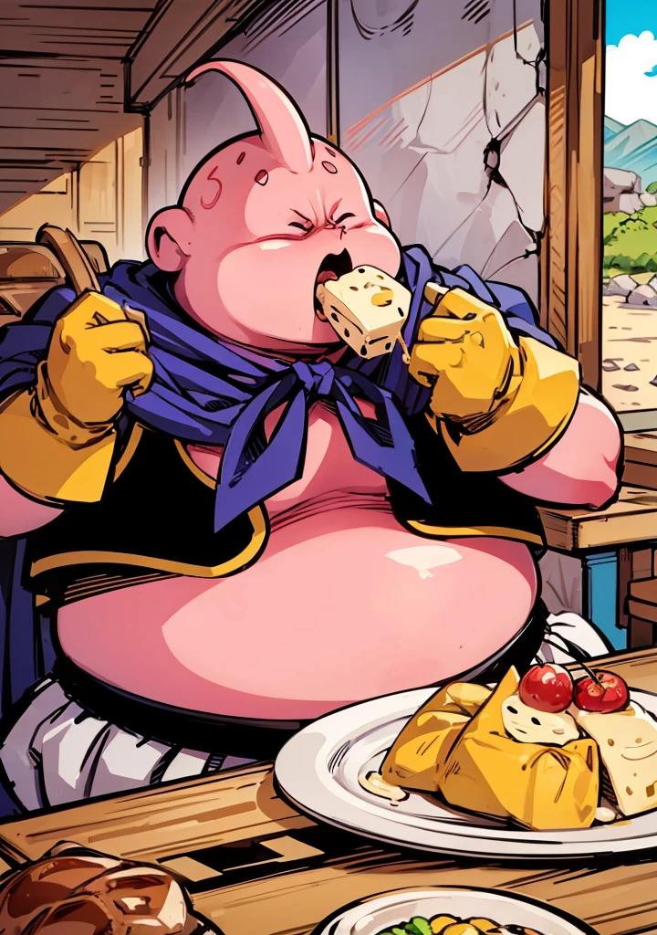 majin buu, fat buu, solo, open mouth, eating, lot of food, sitting, table, stuffing food in mouth,