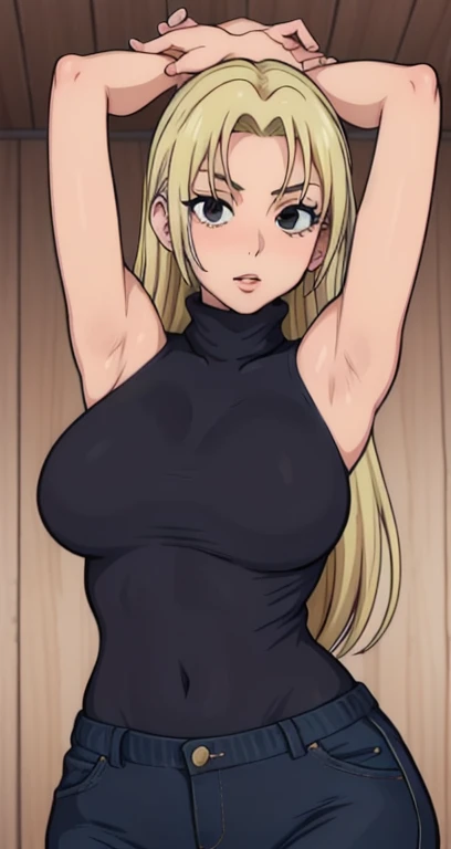 Yuki Tsukumo, 1girl, Adult Woman, 50 years, large breasts, blonde, long hair, female focus, solo, black sleeveless turtleneck, facing viewer, arms up, armpits visible, detailed armpits, no bra