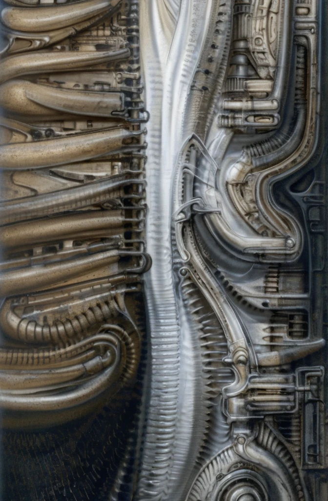 The image is a detailed view of H.R. Giger's \" kunstwerk \" plate, featuring a complex network of bones and organs in a purple-brown hue ,swirling gray and brown colors. The artwork is silver and purplish brown, with an ivory bones prominently displayed. The image is highly detailed and intricate, almost like a 3d version of a medical diagram
The image is an artistic representation of a mechanical structure with pipes and gears, with a skeletal creature and a windmill blade.
The image shows a close-up of a sculpture of two fossilized lifeforms showing more detail than the other. The sculpture appears to be made of a textured material, possibly wood or stone, and the surfaces are carved with a degree of realism. The background is blurred, suggesting waterfall. the focus is on the sculptures itself.
The image depicts a complex, mechanical structure with a level of detail achived by fractal algorightmic art, that suggests a sci-fi or futuristic theme.Is a digital artwork featuring a complex, intricate, and colorful design. It is a blend of geometric shapes, lines, and forms that create a sense of depth and dimension.
The piece is a tableau, most likely created with a India ink pen or pencil on paper, determined by the thin lines, shading techniques, and the texture of the paper, which is visible around the edges.
used is pen, given the shading and variations in line weight visible in the image. One have used a variety of pencils with different degrees of hardness to achieve the shading effects
The placement of the creatures on the center follows the rule of thirds, a principle in composition that places important elements along imaginary lines dividing the image into thirds both horizontally and vertically.
The background is dark and limited , a series of arches and tunnels that recede into the distance. The lack of detail keeps the focus on the creatures in the foreground and creates a sense of mystery environment.
The style is clearly biomechanical. Featu