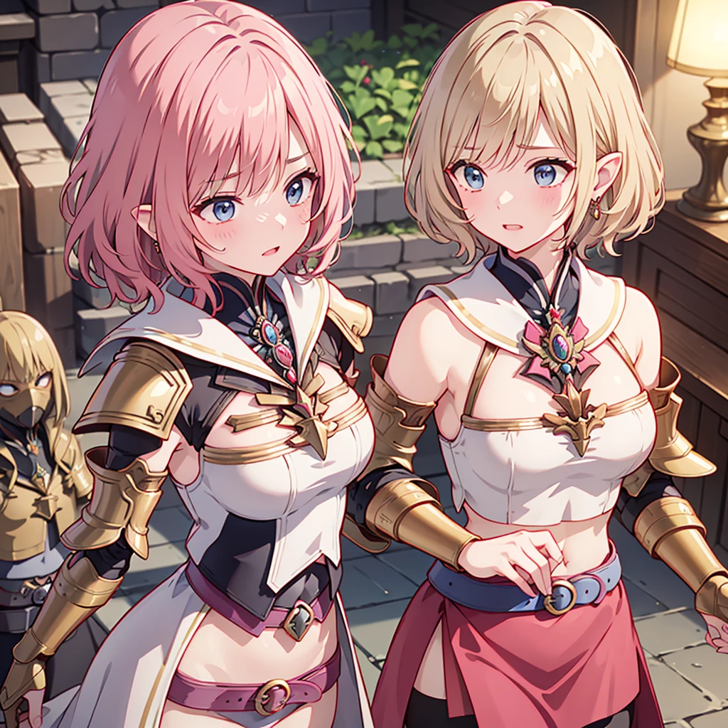 NSFW, masterpiece、highest quality、Ultra-high resolution、Maximum resolution、very detailed、Professional Lighting、anime、Adult women、thin、so beautiful、Beautiful face、Suffering face、Armored Dress、Pure white full-plate armor、Shiny Armor、Golden decoration、Gorgeous tiara、Golden earrings、Frilly Armor、Pink Hair、Golden Eyes、Pink Lips、gold belt、Cape、Shabby armor、Combat Ready、Being strangled、cave、Attacked by Goblins、( Several Goblins: 1.2)