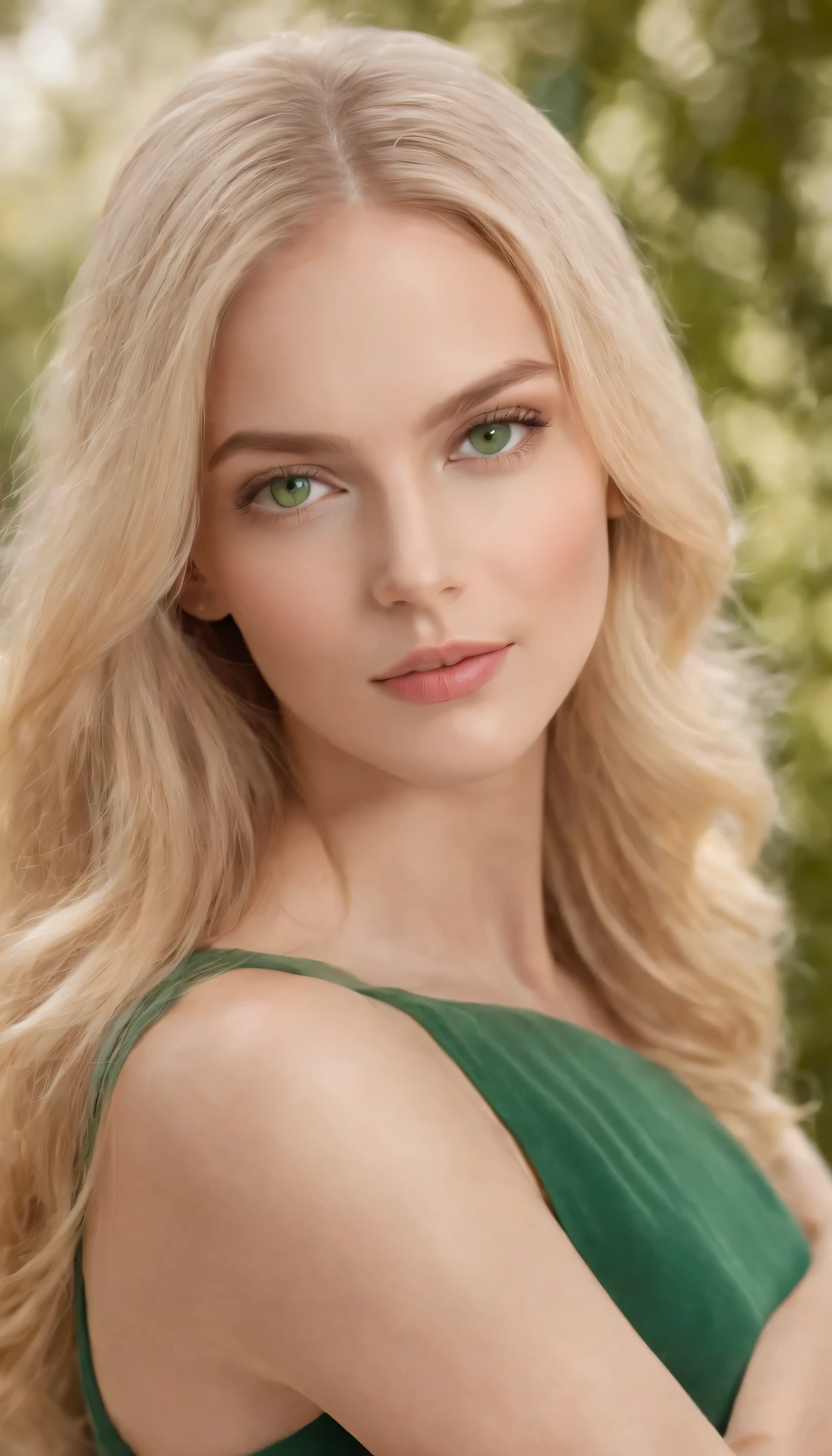 photos realistic blond long hair, expressive and striking green eyes, Delicate features, defined cheekbones, Soft, rounded chin. bright skin in natural tones,,, Healthy and radiant appearance, 1.68 to 1.Height 70 meters, Slim and gym athletic, Soft curves. Elegant and sensual attire, Elegant and modern style, Formal and sophisticated clothing.masutepiece