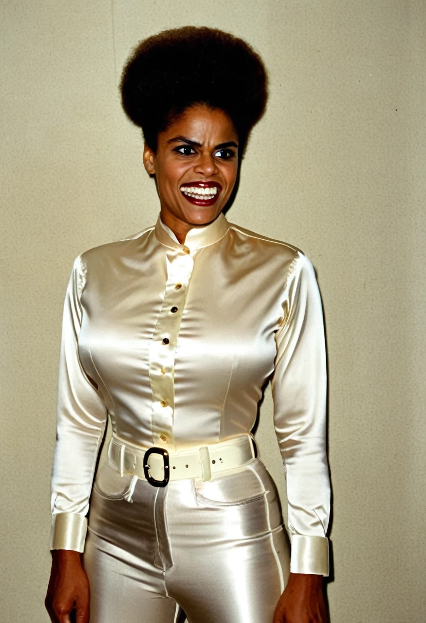 closeup shot in 1960, (muscular evil angry Zazie Beetz showing closed teeth with flared nostrils and furrowed brows:1.5) in a (closed satin skintight buttondown band collar blouse with large shoulder-pads and extremely tight belt:1.6), tight hairbun, silk gloves, (widened eyes), (muscular arms), subtle evil stare with flared nostrils, large shoulder-pads, (evil laugh), skintight satin pants defining her body, uptight, popped collar, stiff posture
