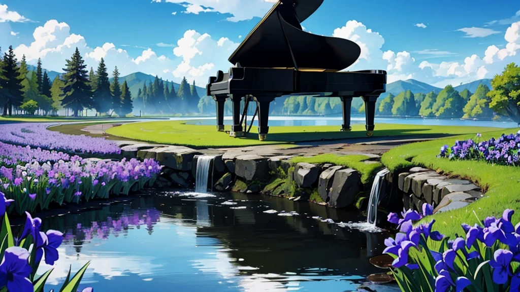 A large black grand piano placed beside a small stream lined with irises、White clouds in blue sky、A typical grand piano