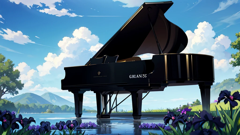 A large black grand piano placed beside a small stream lined with irises、White clouds in blue sky、A typical grand piano