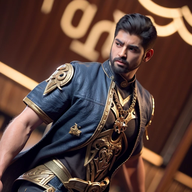 A heavily detailed shirt with an aztec warrior holding the City Vibes band logo, highly detailed logo, aztec warrior, detailed clothing folds, bold colors, digital painting, cinematic lighting, dramatic shadows, hyper realistic, masterpiece, (best quality,8k,highres,masterpiece:1.2),ultra-detailed,(realistic,photorealistic,photo-realistic:1.37),intricate details,vibrant colors,dramatic atmosphere,cinematic composition,impeccable textures,perfect rendering