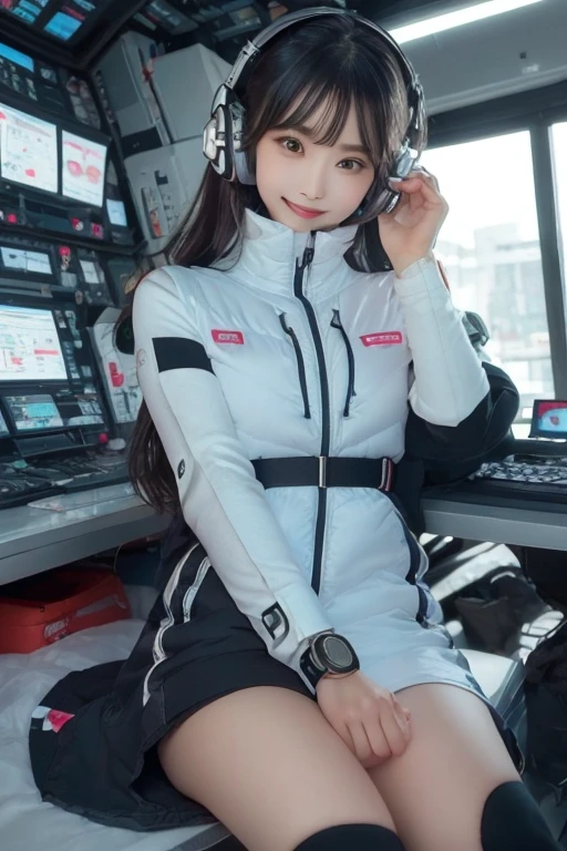 masterpiece, Highest quality, Very detailed, 8K Portrait,Japanese Android Girl,plump , Control panel,Robotic arms and legs, Blunt bangs,,break (Metallic Gray, Metallic luster, Mirror finish, Astro Best):5,headphone:5,break (Black sleeves):100,Smart Watches,Futuristic space station,Control Room,break headphone,blue eyes,(Black Hair):2,(Long Hair):1.3,Displaying the viewer,(respirator),break blush:3,Hidden Hand,smile