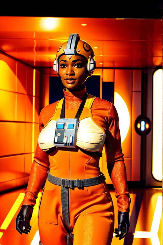 twilek in rebel pilot suit,orange skin,futuristic corridor,tech,space base
