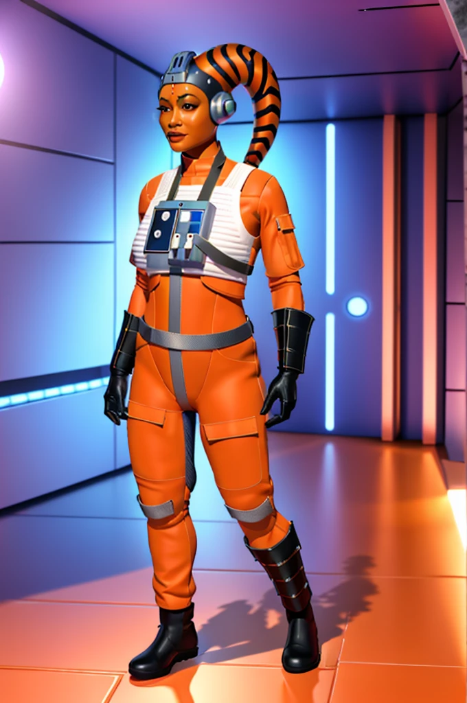 twilek in rebel pilot suit,orange skin,futuristic corridor,tech,space base
