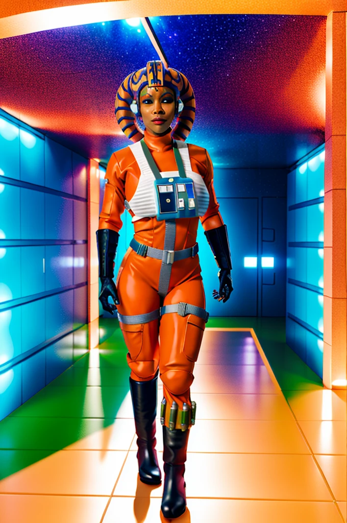 twilek in rebel pilot suit,orange skin,futuristic corridor,tech,space base
