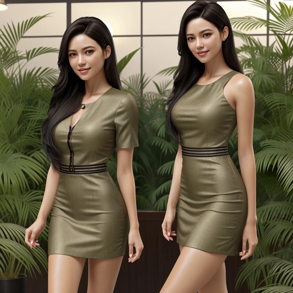 1 adult woman, longye hair, slickedback hair, black hair color, smooth skin, lightbrown eyes, sorrido, vegetation, Occasional, Businesswoman style clothes, short dress, realistic transparent, with background in a fancy restaurant, 8k super realistic, super detailed and realistic