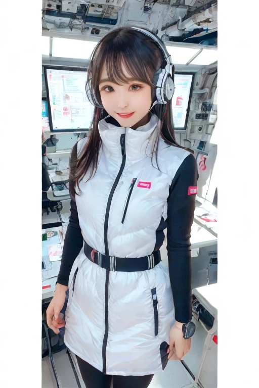 masterpiece, Highest quality, Very detailed, 8K Portrait,Japanese Android Girl,plump , Control panel,Robotic arms and legs, Blunt bangs,,break (Metallic Gray, Metallic luster, Mirror finish, Astro Best):5,headphone:5,break (Black sleeves):100,Smart Watches,Futuristic space station,Control Room,break headphone,blue eyes,(Black Hair):2,(Long Hair):1.3,Displaying the viewer,(respirator),break blush:3,Hidden Hand,smile