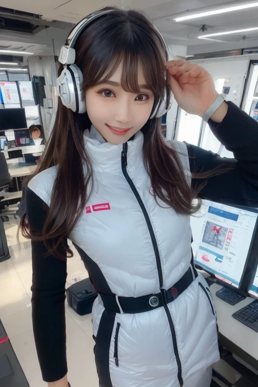 masterpiece, Highest quality, Very detailed, 8K Portrait,Japanese Android Girl,plump , Control panel,Robotic arms and legs, Blunt bangs,,break (Metallic Gray, Metallic luster, Mirror finish, Astro Best):5,headphone:5,break (Black sleeves):100,Smart Watches,Futuristic space station,Control Room,break headphone,blue eyes,(Black Hair):2,(Long Hair):1.3,Displaying the viewer,(respirator),break blush:3,Hidden Hand,smile