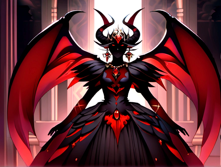 Generate images of demons with red wings. Give this image a captivating aura and powerful feather movement. Next, Add a devil dress designed to emphasize body lines, With feather details to create a dark and mysterious atmosphere. already, Pair accessories with black or dark red headpieces, Crimson Gemstone Necklace、Matching rings and earrings. Finally, Add dark makeup and red or black eyeshadow、Complete the devil's atmosphere.