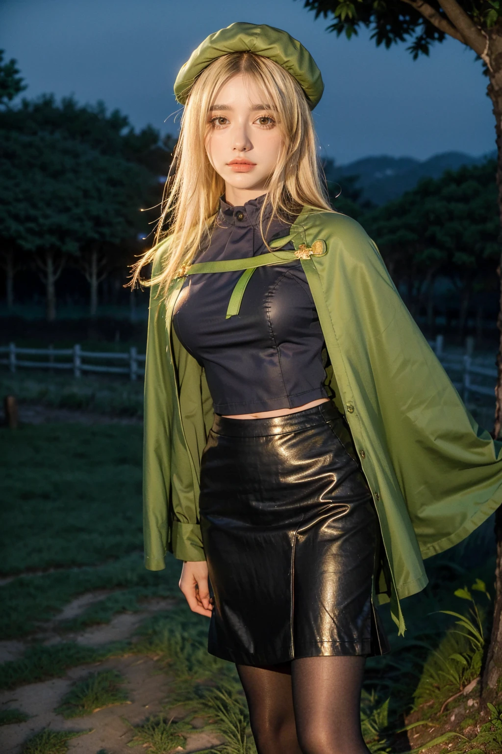 1 girl, best quality, ((Miyo)), tarankaaa, perfect face, beautiful smile, 30 years old, ((ascot, uniform, black skirt, cross, ribbon, gold blonde hair, emerald, beret, cape, pantyhose, shirt til hips)), ((perfectly drawn hands)), perfect body, bare tree, bush, fog, forest, grass, nature, outdoors, plant, scenery, solo, standing, tree, 32k photograph, ((perfect eyes, detailed eyes,realistic eyes)), ((sharp face, detailed face, realistic face, natural skin, realistic skin, detailed skin, pores)), full body, tone mapping, asian-european, ((masterpiece)), ((highres)), ((detailed background)), japanese village background, night, big proportions,