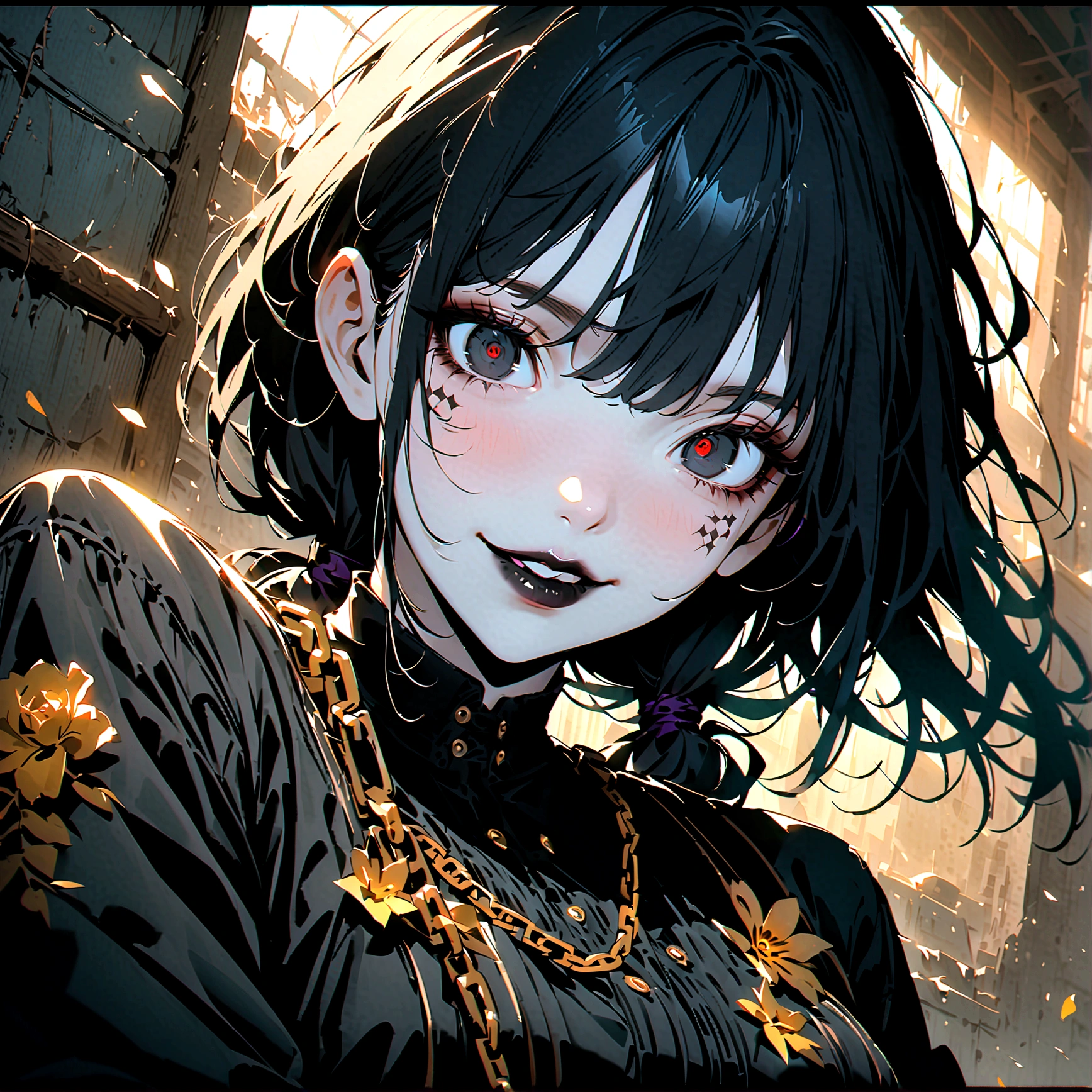 anime, goth style woman, chain accesories, wearing a black suit mixed with golden flowers marks, ((black eyes)), very dark eyes, upper view, both arms on her back, she is hiding her arms on her back, Japanese-style hair tied and a little messy, dark gothic makeup, black lips, dark circles, smile, abandoned doll factory setting, horror, highres, ultra-detailed, (best quality,4k,highres,masterpiece),subdued colors, vivid colors, professional lighting, dark shadows, golden lightining, detailed lips, detailed eyes, only black and golden colors.