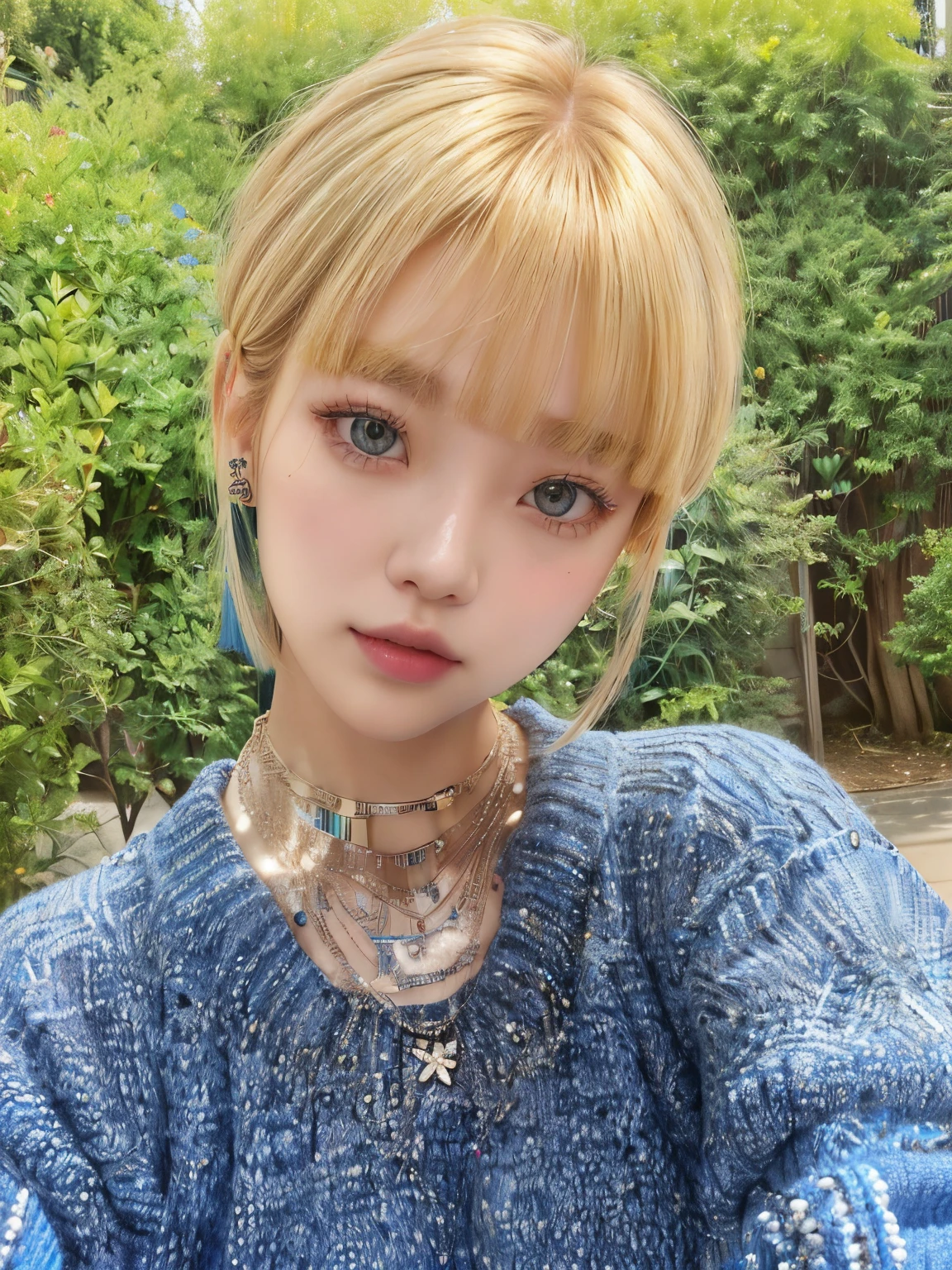 Blonde girl in a blue sweater and colorful necklace posing for a selfie, lalisa manobal, Lalisa Manoban of Blackpink, the hime cut, roseanne park by blackpink, with bangs, with bangs completo, kim doyoung, jinyoung shin, ulzzang, beautiful dolphin, with short hair with bangs, with short hair, shikami