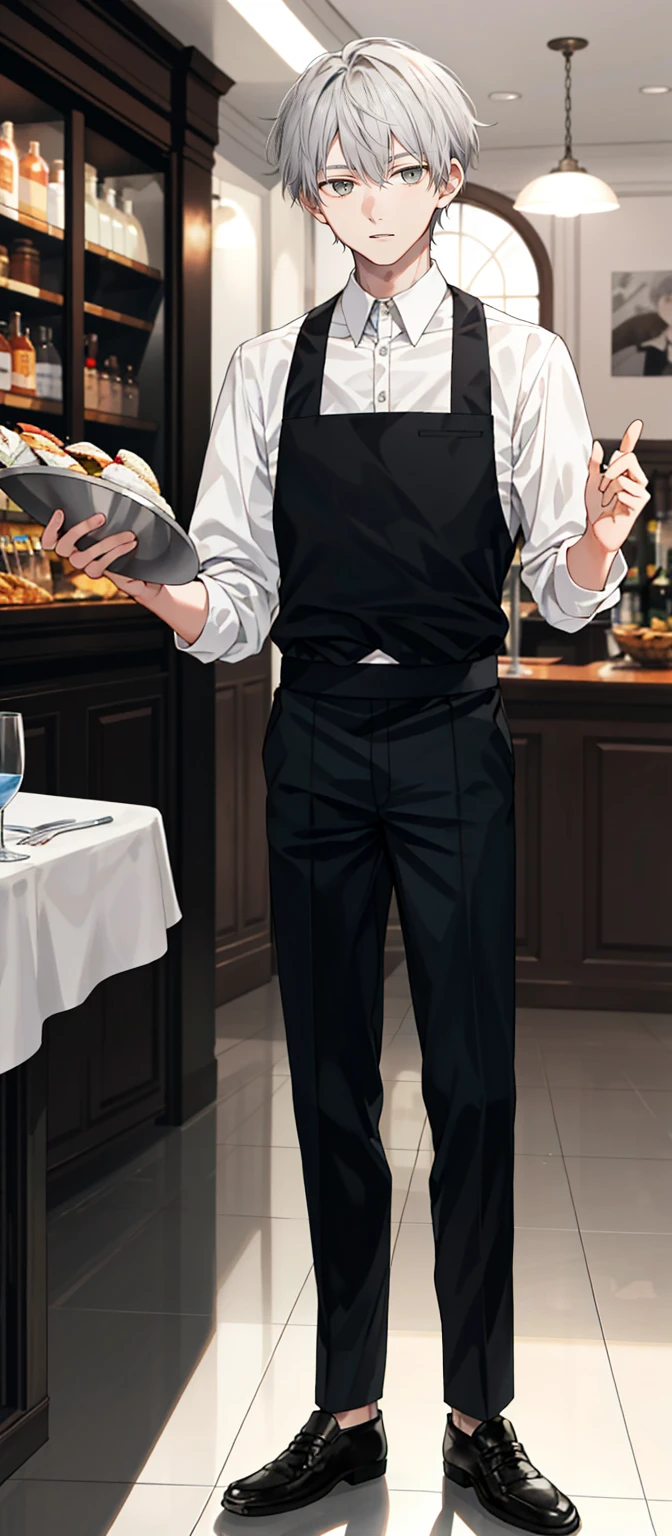 1 boy, 18 years old, full body, waiter, short hair, grey hair,