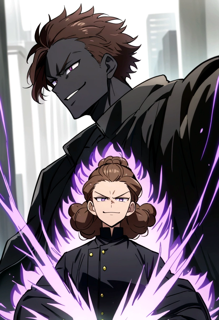 Anime, Black young man, arrogant smile, Brown hair with purple highlights, using a black coat, Gojou Satoru Hairstyle, BLACK MAN WITH BLACK SKIN COLOR