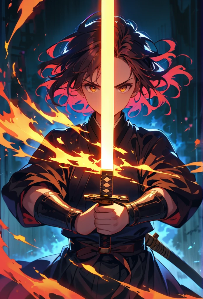 Dark atmosphere，dark background,male swordsman in the dark，bright yellow katana sword，lightsaber,sword in both hands，evening，Dark，fear，sword focus，bright thunder in the air,
fighting stance,magic fire effect,fire aura,