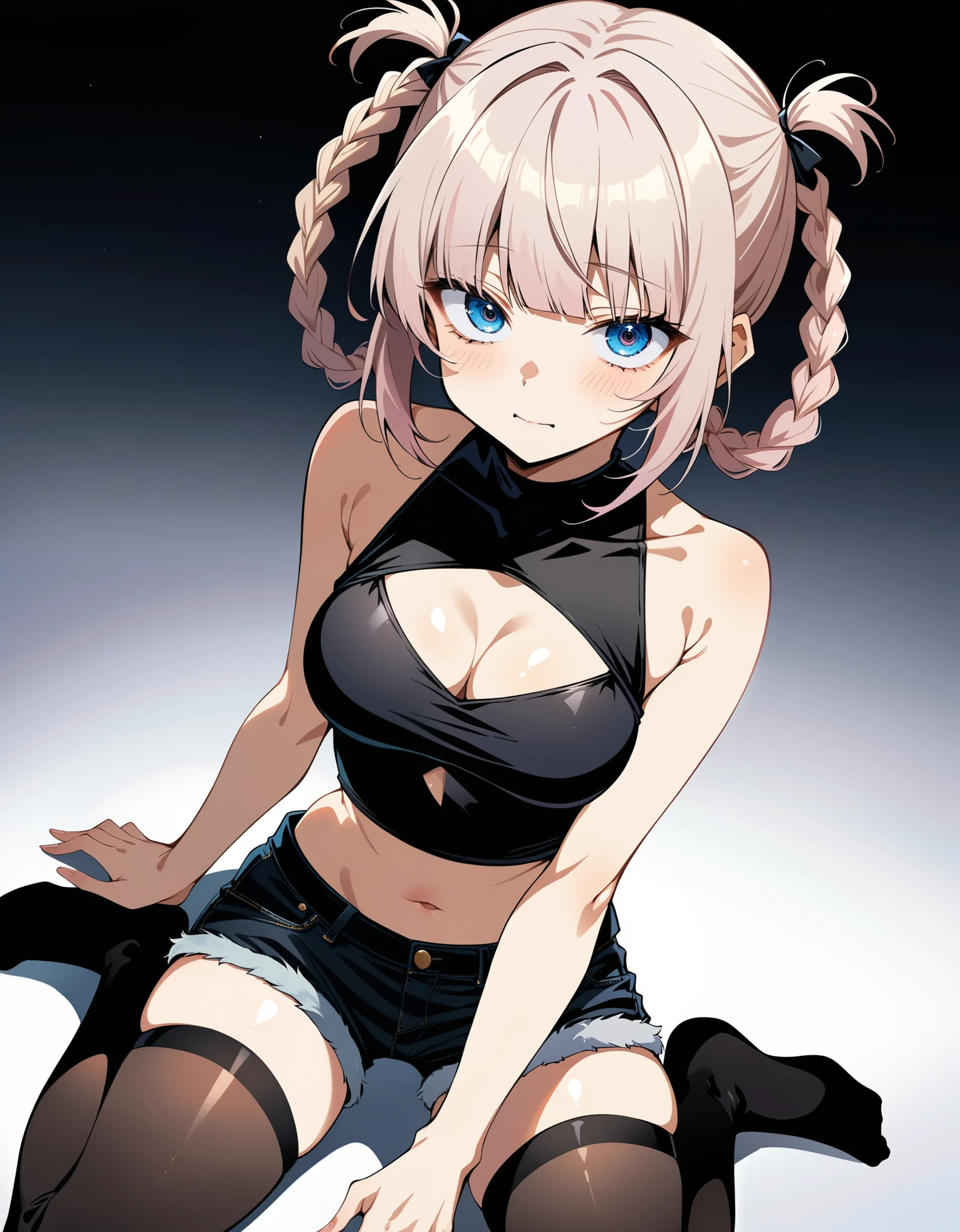 (masterpiece, best quality, very aesthetic, ultra detailed), intricate details,
1girl, nanakusa nazuna \(yofukashi no uta\), yofukashi no uta, blue eyes, braided hair rings, black shirt, black shorts, cleavage cutout, clothing cutout, cropped shirt, sleeveless, navel, black thighhighs, wariza,