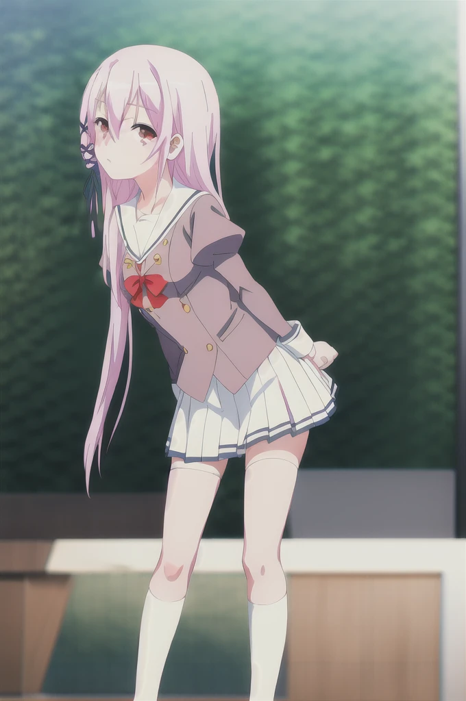 Kisara,looking at viewer, hands on hips,leaning forward, bare legs,