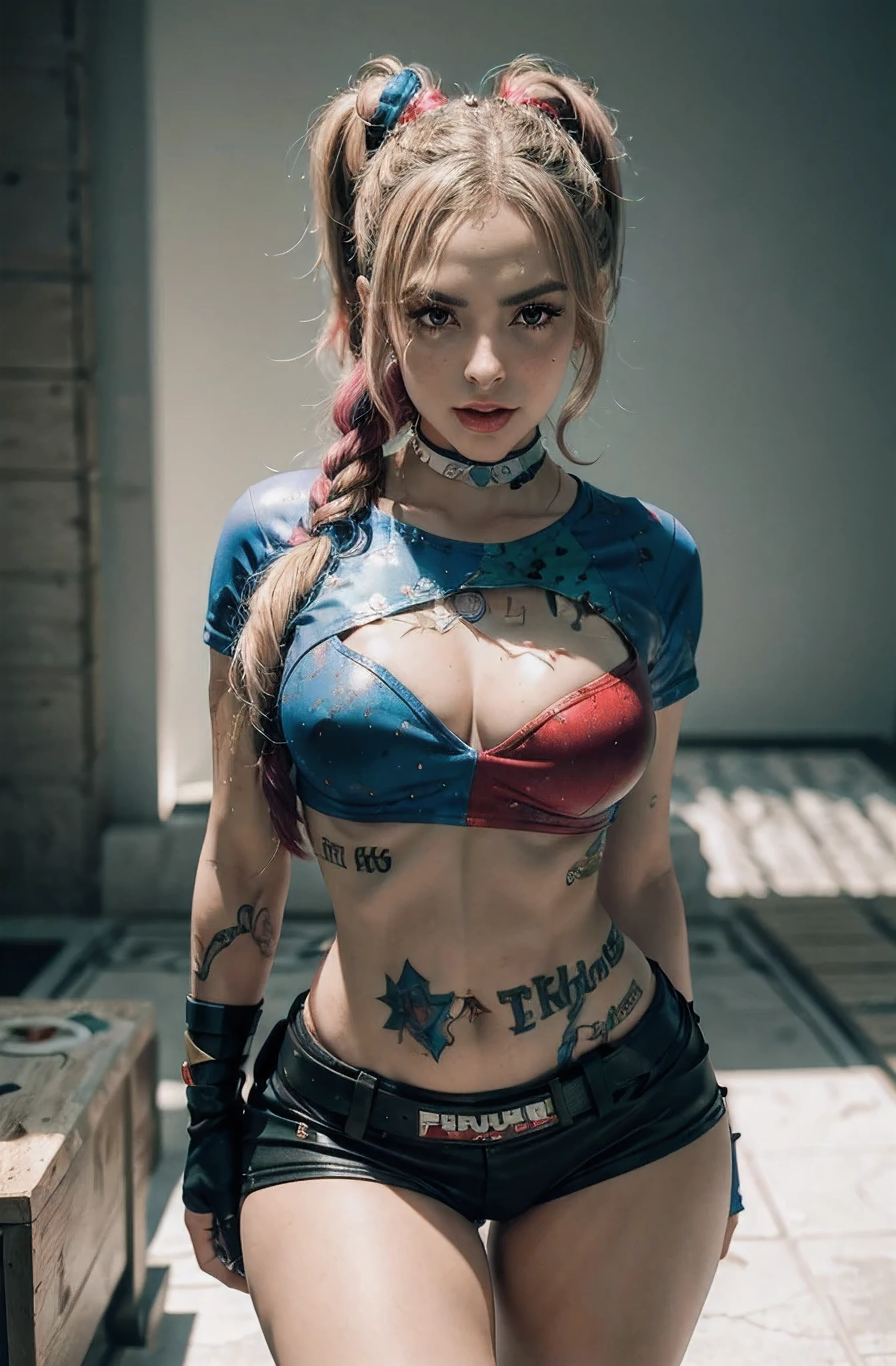  Arigameplays, as Harley Quinn in Suicide Squad, whole body, Soft lighting, Dynamic Angle, realistic lighting, photo de Robert Adams, (natural skin texture, hyperrealism, Luz outfit, Clear: 1.2), (intricate details: 1.12), HDR masterpiece, Best Quality, (very detailed photo: 1.1), 8k, photorealistic, (sfw), by the chestnut