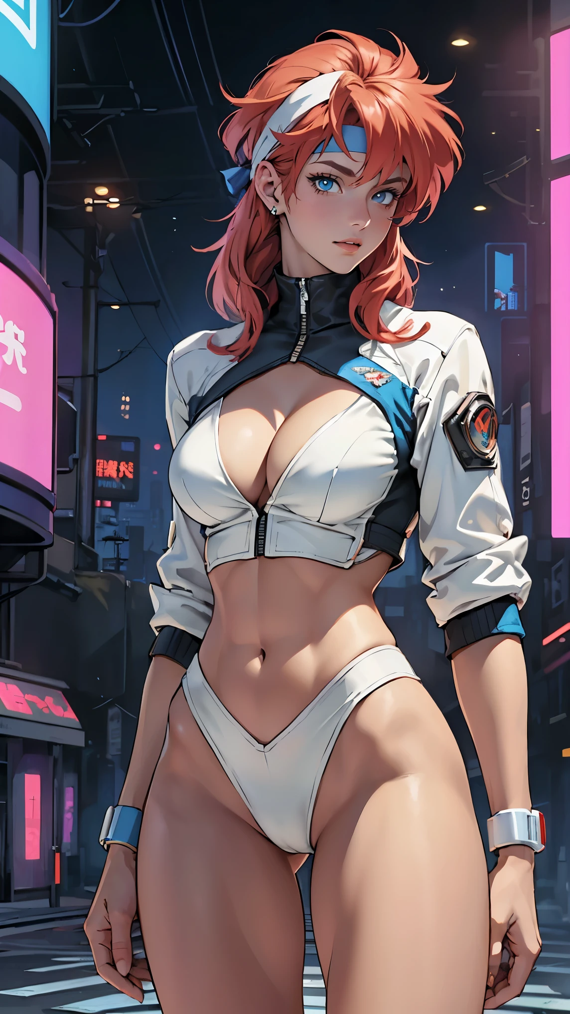 ((Masterpiece, highest quality; 1.3)), super quality, beautiful detail, super detailed, extra fine, 16K, exquisite, absurd, high resolution, beautiful background, detailed background, beautiful eyes, beautiful skin, anime style, Kay from Dirty Pair in a white outfit, tight outfit, cleavage, bushy redhead beauty, very light blue uniform, wearing tight clothes, skimpy, (mid chest: 1.2), cleavage, cleavage, slim waist , thin waist, slim thighs, thin legs, slim legs. thigh gap, showing stomach, skinny, thin hips, cyberpunk city background, holding retro space gun , headband, 