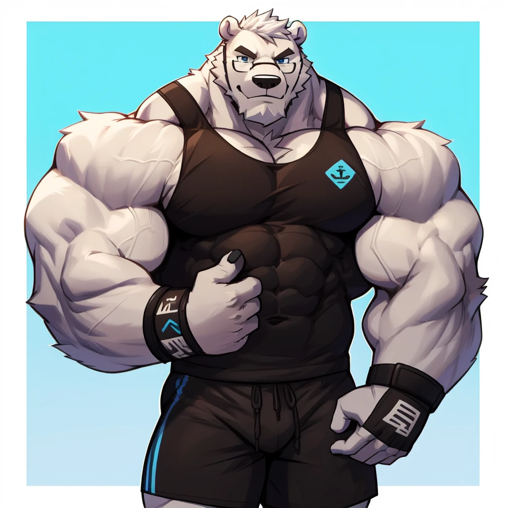 solo, 1boy, Huge Muscular White Polar Bear wearing glasses, huge white fur, pectoral, huge pectoral, wide pectoral, short white hair, blue colored short pants, blue colored wristbands and blue colored tank top, white bearded, white Mustache, white fur, simple background, masterpiece, high detailed, 8k, high resolution, at the gym, flexes huge muscles