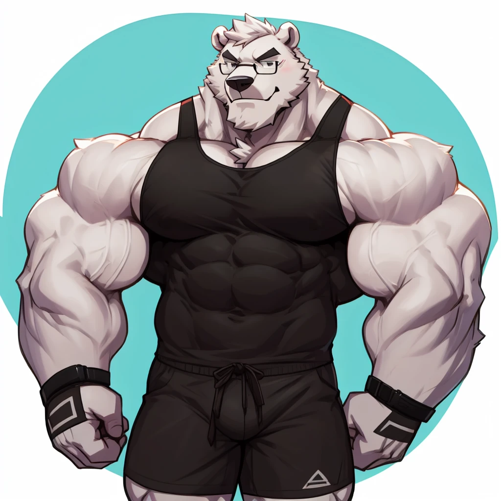 solo, 1boy, Huge Muscular White Polar Bear wearing glasses, huge white fur, pectoral, huge pectoral, wide pectoral, short white hair, blue colored short pants, blue colored wristbands and blue colored tank top, white bearded, white Mustache, white fur, simple background, masterpiece, high detailed, 8k, high resolution, at the gym, flexes huge muscles