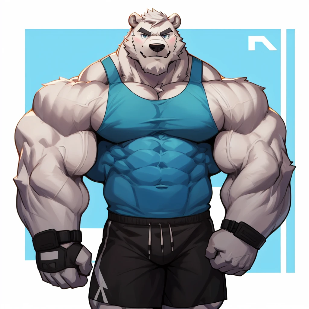 solo, 1boy, Huge Muscular White Polar Bear wearing glasses, huge white fur, pectoral, huge pectoral, wide pectoral, short white hair, blue colored short pants, blue colored wristbands and blue colored tank top, white bearded, white Mustache, white fur, simple background, masterpiece, high detailed, 8k, high resolution, at the gym, flexes huge muscles