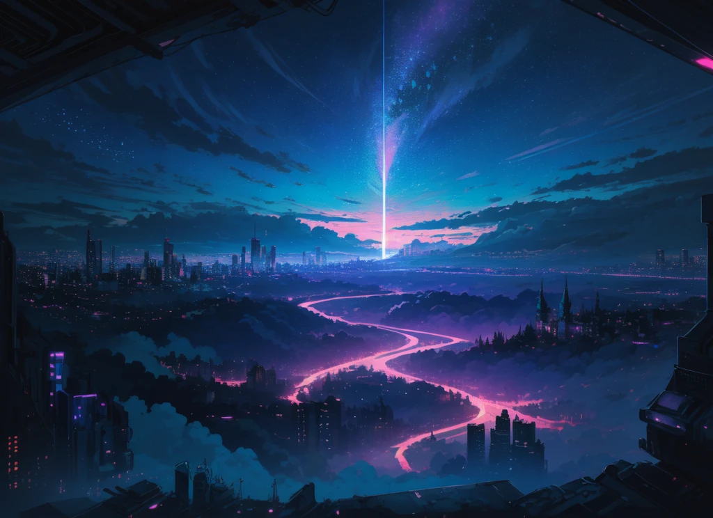 masterpiece, ultra high res, 8k, Volumatic light, a wonderful sky, highquality, , [teal theme:indigo theme: magenta theme:0.5], video game wallpaper, digital cityscape, cyberpunk environments 