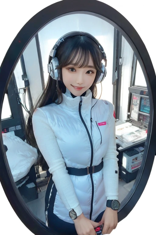 masterpiece, Highest quality, Very detailed, 8K Portrait,Japanese Android Girl,plump , Control panel,Robotic arms and legs, Blunt bangs,,break (Metallic Gray, Metallic er, Mirror finish, Astro Best):5,headphone:5,break (Black sleeves):100,Smart Watches,Futuristic space station,Control Room,break headphone,blue eyes,(Black Hair):2,(Long Hair):1.3,Displaying the viewer,(respirator),break blush:3,Hidden Hand,smile