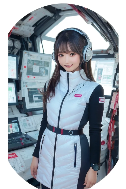 masterpiece, Highest quality, Very detailed, 8K Portrait,Japanese Android Girl,plump , Control panel,Robotic arms and legs, Blunt bangs,,break (Metallic Gray, Metallic luster, Mirror finish, Astro Best):5,headphone:5,break (Black sleeves):100,Smart Watches,Futuristic space station,Control Room,break headphone,blue eyes,(Black Hair):2,(Long Hair):1.3,Displaying the viewer,(respirator),break blush:3,Hidden Hand,smile
