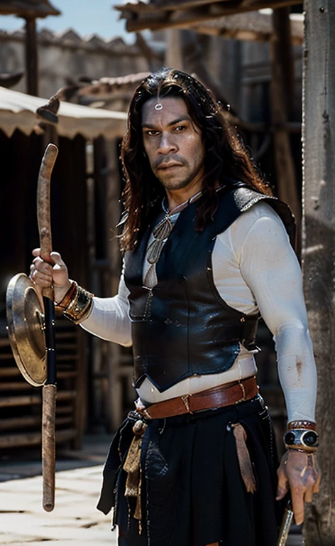 (Best Quality:1.3), Filming of movies, Masterpiece, (sharp focus:1.5), (natural:1.3), Full body portrait (a man with long hair dressed as an aztec warrior, serious face, with a shield and a club, Give the scene an epic atmosphere, day, (highly refined leather), (detailed face), detailed background, daylight, volumetric lighting, intricate details, ultra high definition, 