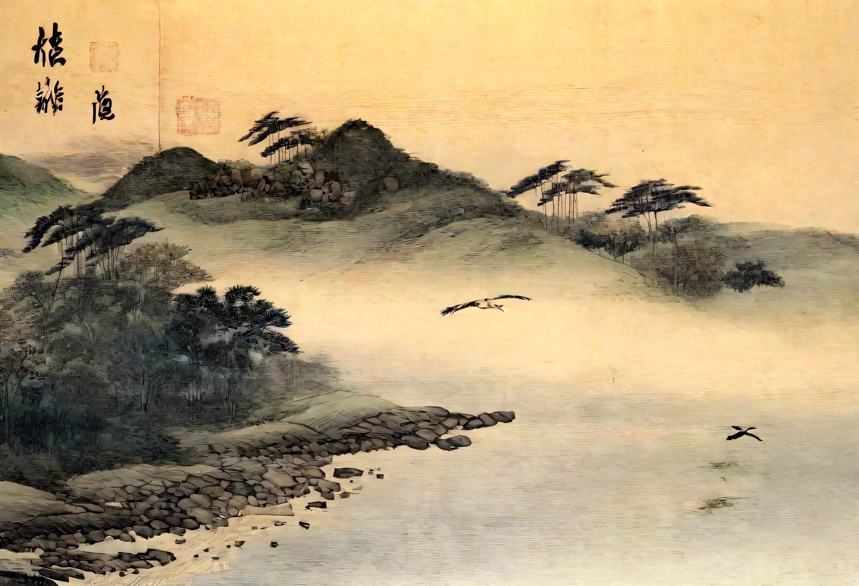 Highest quality, masterpiece, High resolution, kim hong do, Whity, shelf, Create breathtaking natural landscapes with vivid detail, Vibrant colors, and a sense of tranquility. Painting a gentle scene of rolling hills、Let your imagination run wild, Lush forest, A sparkling river flowing through the valley, And a majestic mountain peak in the distance. Capturing the beauty of natural elements, wood々sunlight passing through the space, etc., gentle ripples on the water surface, And the bird soars gracefully across the sky. Immerse your viewers in this idyllic setting, evoke a sense of peace, sense of awe, and connection with the natural world.