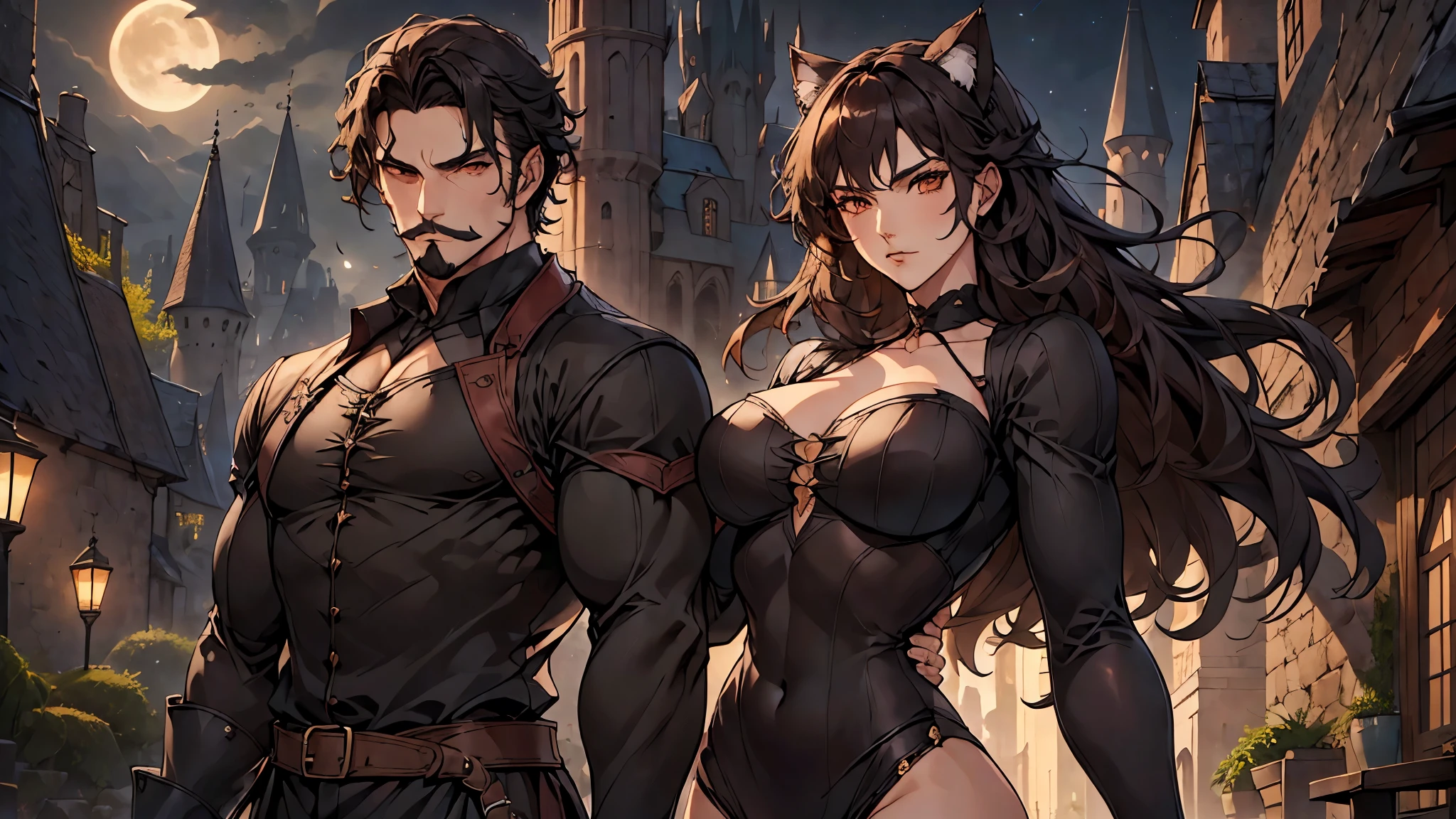 (((a man and woman couple posing dynamically, each one with their respective Lora)))At the heart of an incredibly realistic work of art., The neocruz man, or man , Midway transitions under the cover of night.. His muscles ripple and long black hair with a Count Dracula-style beard. , beautiful hugging woman.. He finds himself before an adult vampire junkotvv woman with (cat ears)., Her sleek leather outfit hugs her curves in a seductive way. its length, cabello negro con cat ears cae en cascada por su espalda, covering his face while putting up fierce resistance.. The captivating scene comes to life through fantastic realism., with every detail meticulously represented for the best sensory experience at night and under a full moon, on the outskirts of a gothic style castle.