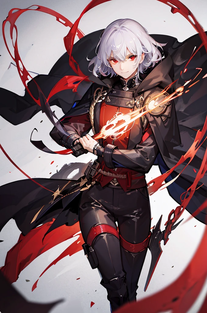 A handsome man with a purple short messy hair, gleaming red eyes, wearing a white shirt with a black and red cape with samurai metal plates and details, red strings, hood and bows, black pants, red moon background, menacing bright red electricity aura, menacing gaze and sinister hysterical evil smile (best quality, full HD, best illumination, realism, visual effects, blur, motion blur)