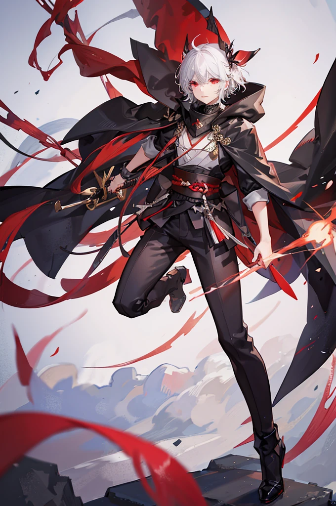 A handsome man with a purple short messy hair, gleaming red eyes, wearing a white shirt with a black and red cape with samurai metal plates and details, red strings, hood and bows, black pants, red moon background, menacing bright red electricity aura, menacing gaze and sinister hysterical evil smile (best quality, full HD, best illumination, realism, visual effects, blur, motion blur)