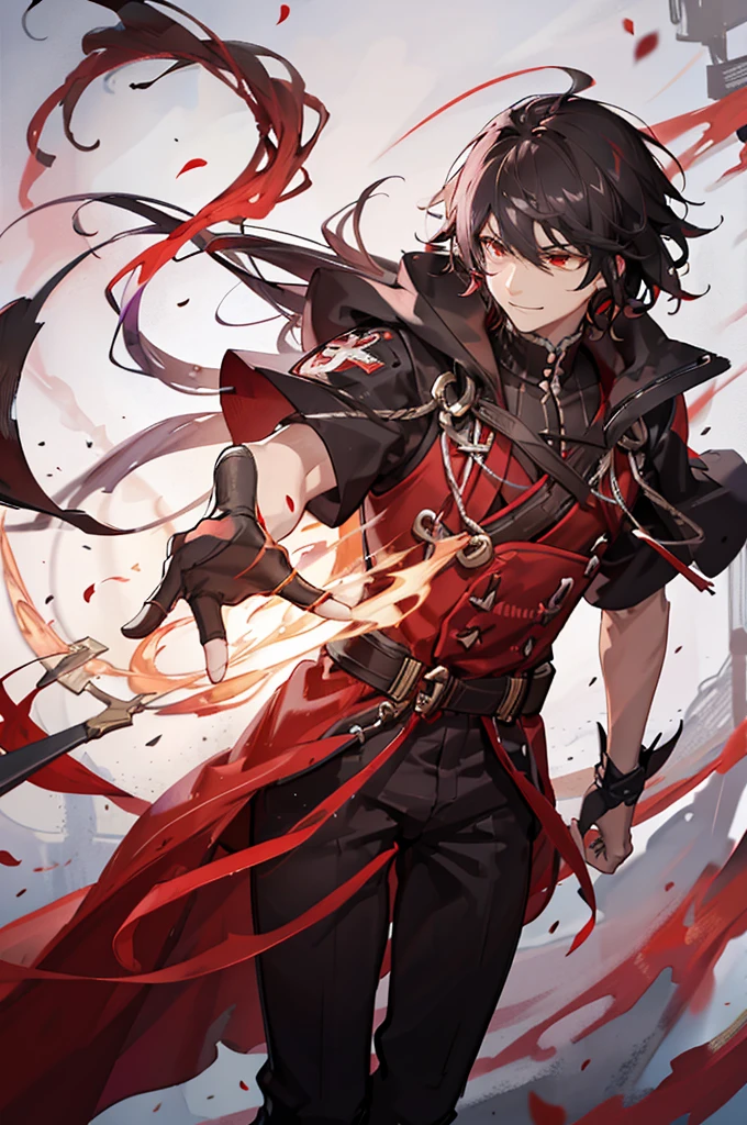 A handsome man with a purple short messy hair, gleaming red eyes, wearing a white shirt with a black and red cape with samurai metal plates and details, red strings, hood and bows, black pants, red moon background, menacing bright red electricity aura, menacing gaze and sinister hysterical evil smile (best quality, full HD, best illumination, realism, visual effects, blur, motion blur)