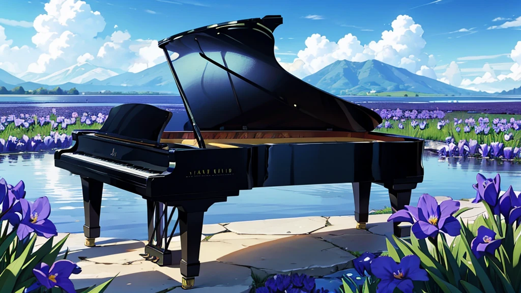A large black grand piano placed near a small stream surrounded by blooming irises、White clouds in blue sky、A typical grand piano