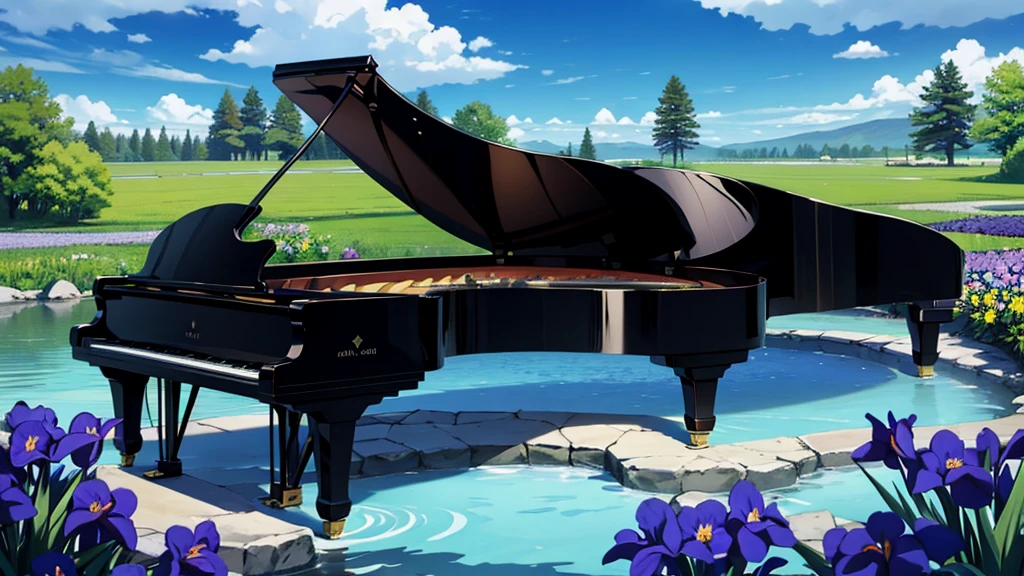 A large black grand piano placed near a small stream surrounded by blooming irises、White clouds in blue sky、A typical grand piano